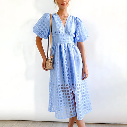 Women's Elegant A-Line Midi Wedding Guest Dress with Puff Sleeves