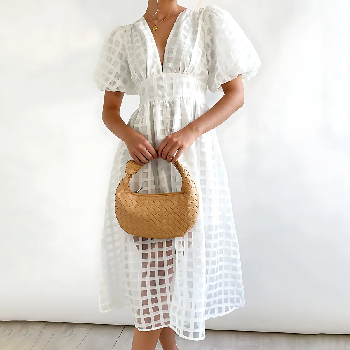 Women's Elegant A-Line Midi Wedding Guest Dress with Puff Sleeves