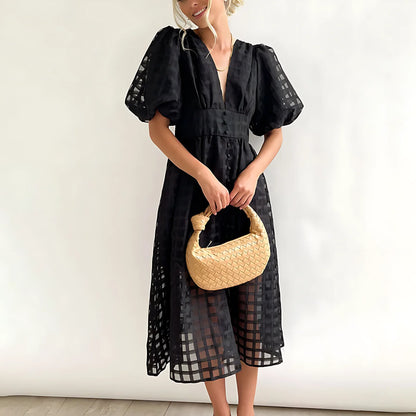 Women's Elegant A-Line Midi Wedding Guest Dress with Puff Sleeves