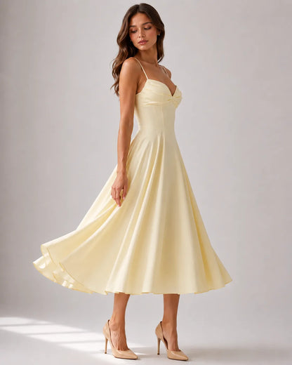 Women's Elegant A-Line Midi Wedding Guest Dress with Sweetheart Neckline