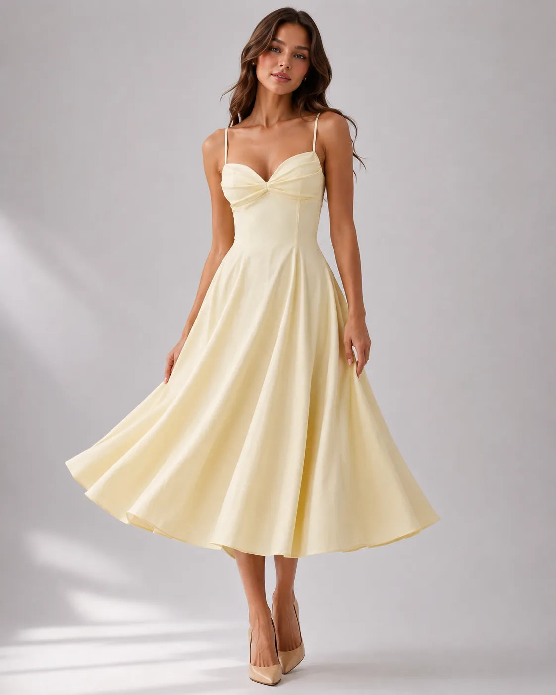 Women's Elegant A-Line Midi Wedding Guest Dress with Sweetheart Neckline