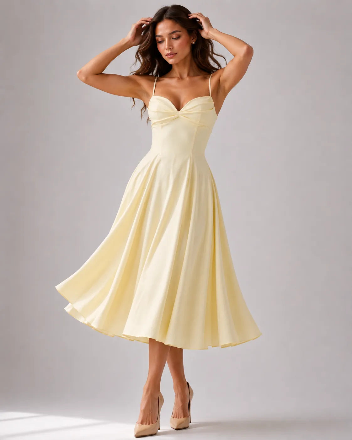 Women's Elegant A-Line Midi Wedding Guest Dress with Sweetheart Neckline