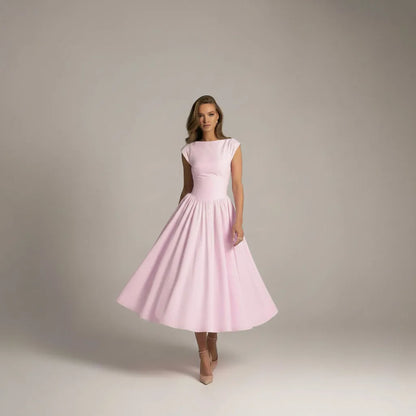 Women's Elegant A Line Midi Wedding Guest Dress with Flared Skirt