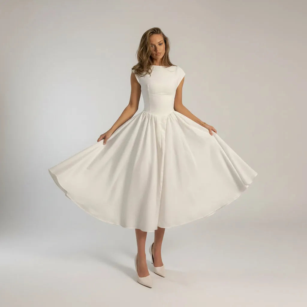 Women's Elegant A Line Midi Wedding Guest Dress with Flared Skirt