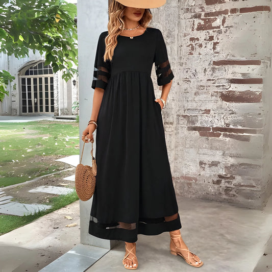 Women's Elegant A-Line Midi Wedding Guest Dress with Round Neck