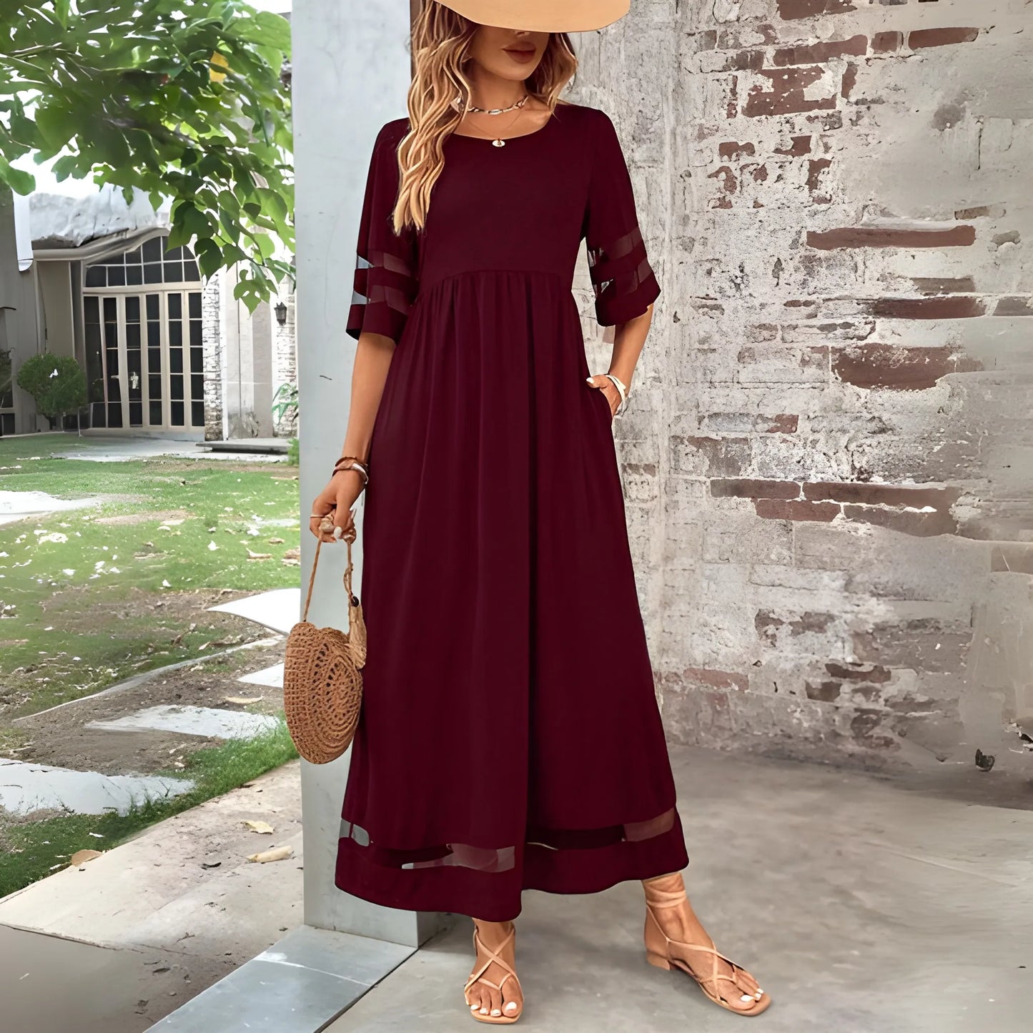 Women's Elegant A-Line Midi Wedding Guest Dress with Round Neck