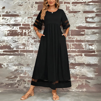 Women's Elegant A-Line Midi Wedding Guest Dress with Round Neck