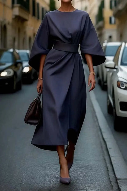 Women's Elegant Boat Neck Midi Wedding Guest Dress with Bell Sleeve