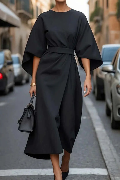 Women's Elegant Boat Neck Midi Wedding Guest Dress with Bell Sleeve