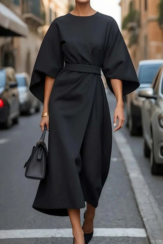 Women's Elegant Boat Neck Midi Wedding Guest Dress with Bell Sleeve