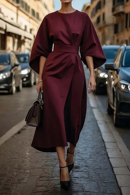 Women's Elegant Boat Neck Midi Wedding Guest Dress with Bell Sleeve