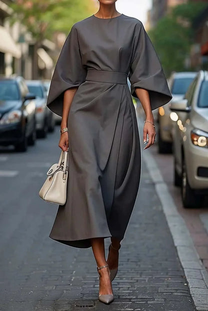 Women's Elegant Boat Neck Midi Wedding Guest Dress with Bell Sleeve