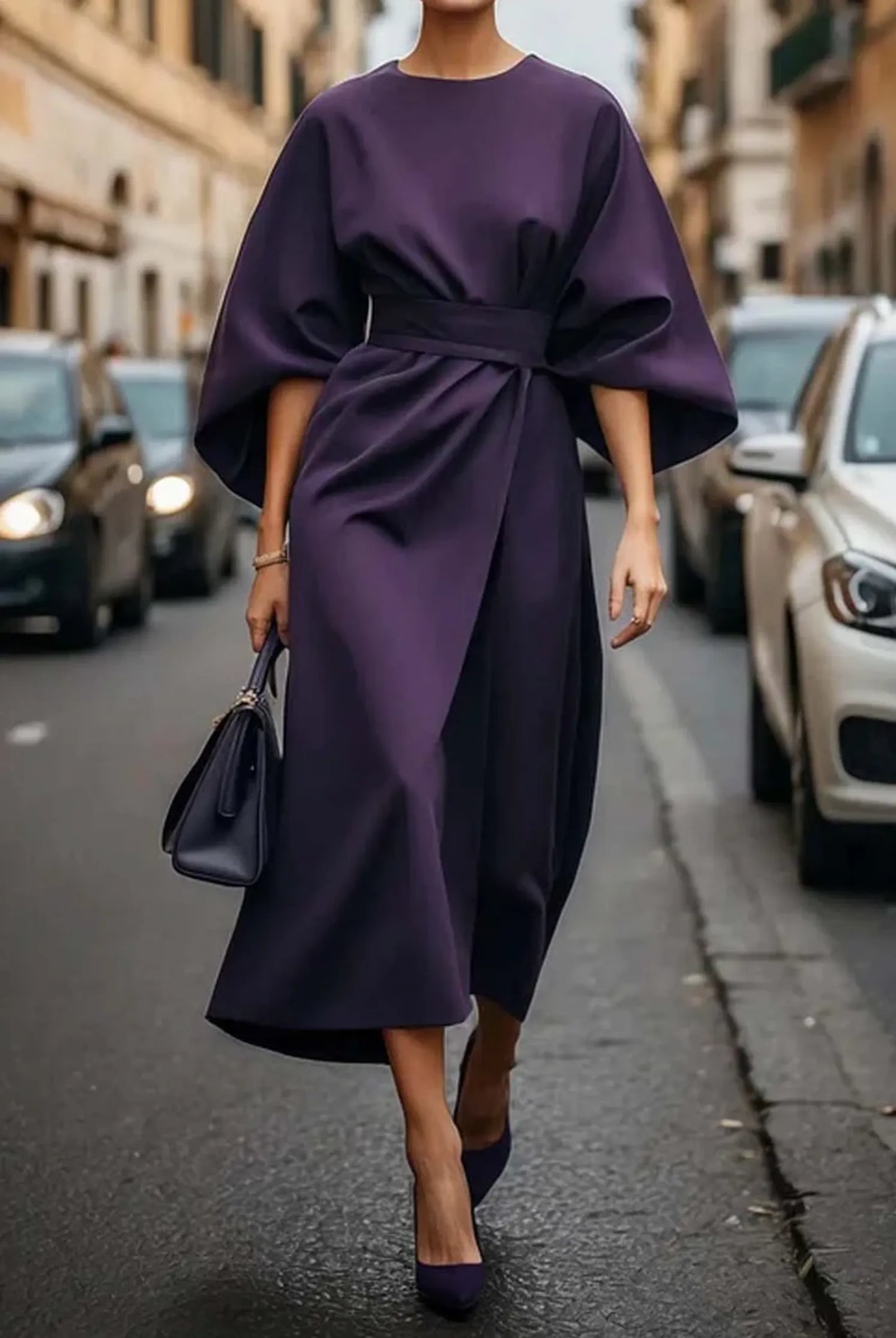 Women's Elegant Boat Neck Midi Wedding Guest Dress with Bell Sleeve