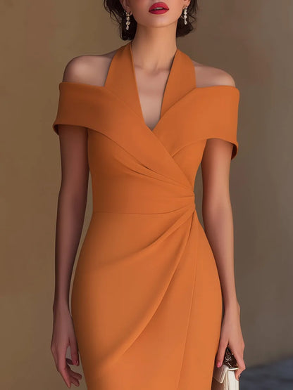Women's Elegant Bodycon Midi Wedding Guest Dress with Ruched Detail