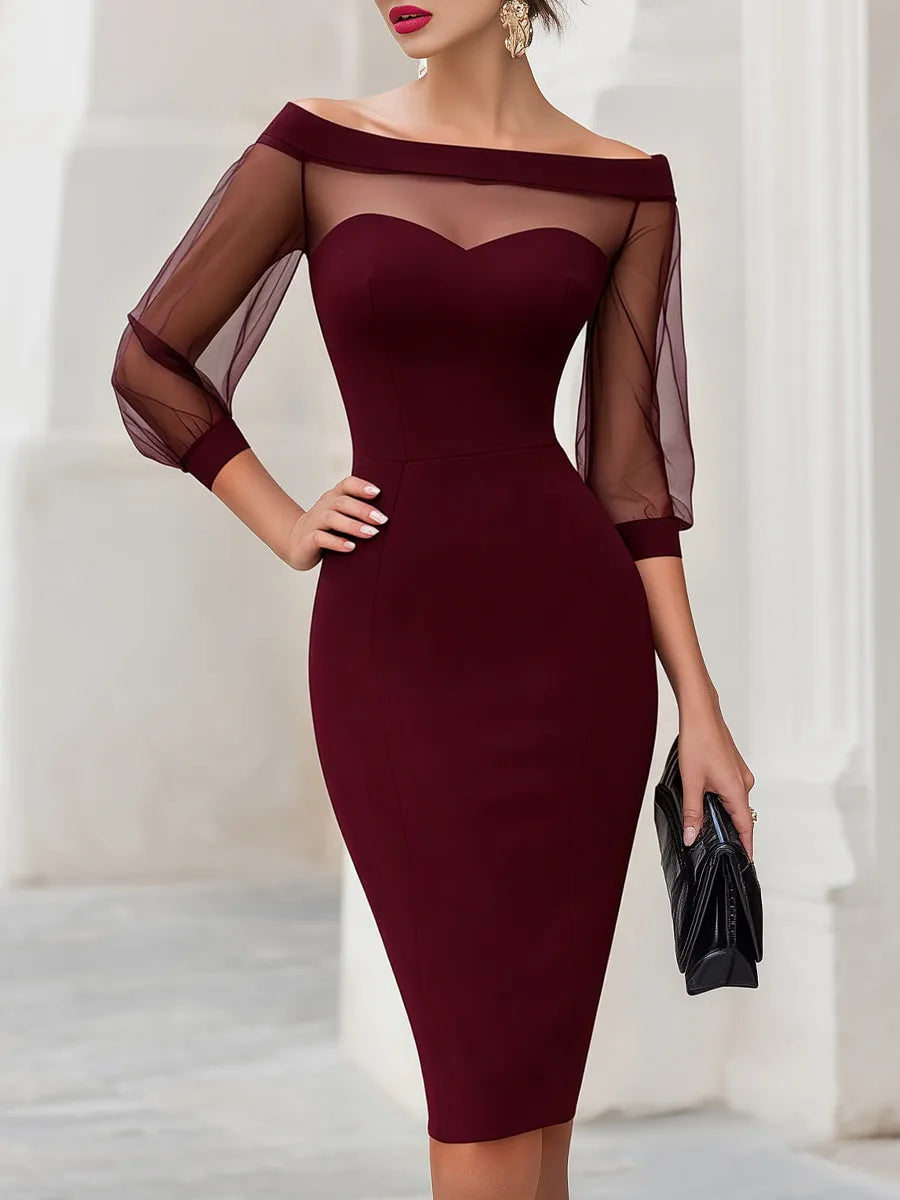 Women's Elegant Bodycon Midi Wedding Guest Dress with Sweetheart Neckline