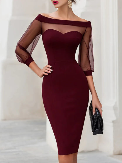 Women's Elegant Bodycon Midi Wedding Guest Dress with Sweetheart Neckline
