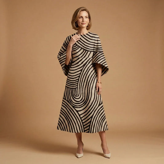 Women's Elegant Casual Midi Wedding Guest Dress with Round Neck