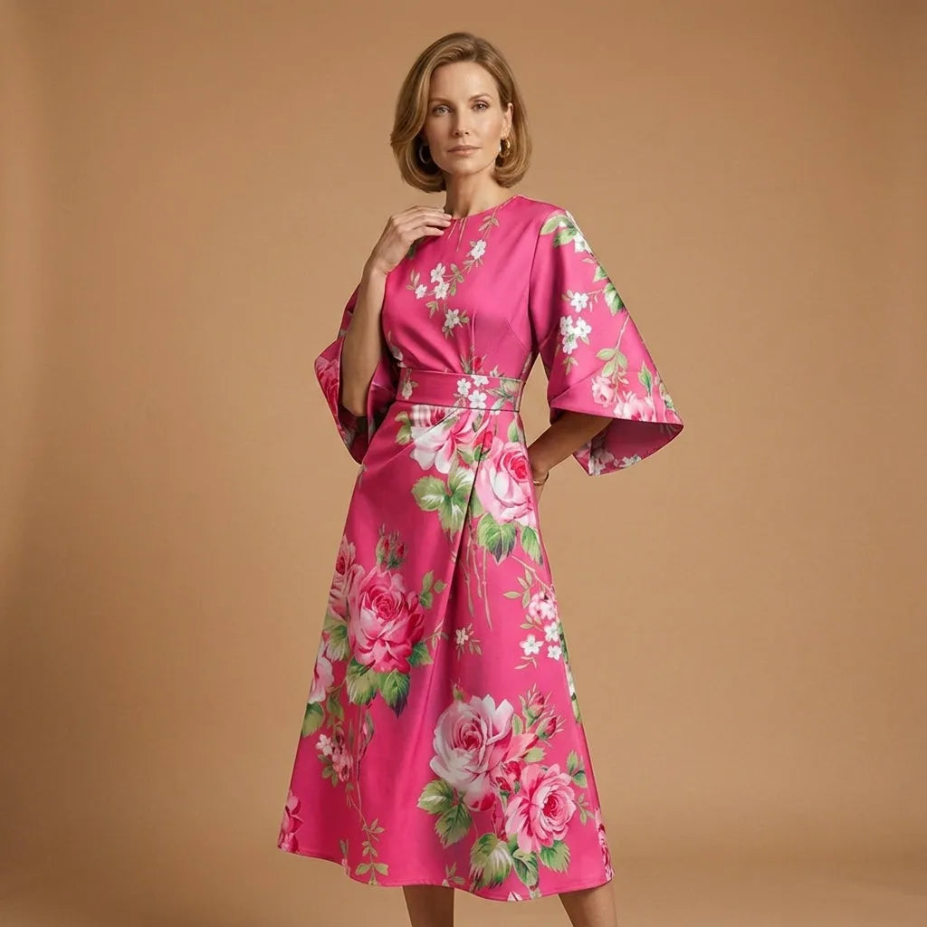 Women's Elegant Casual Midi Wedding Guest Dress with Round Neck