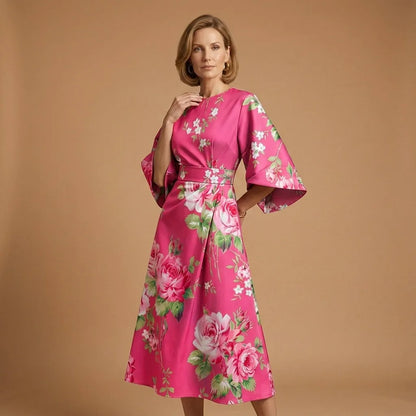 Women's Elegant Casual Midi Wedding Guest Dress with Round Neck