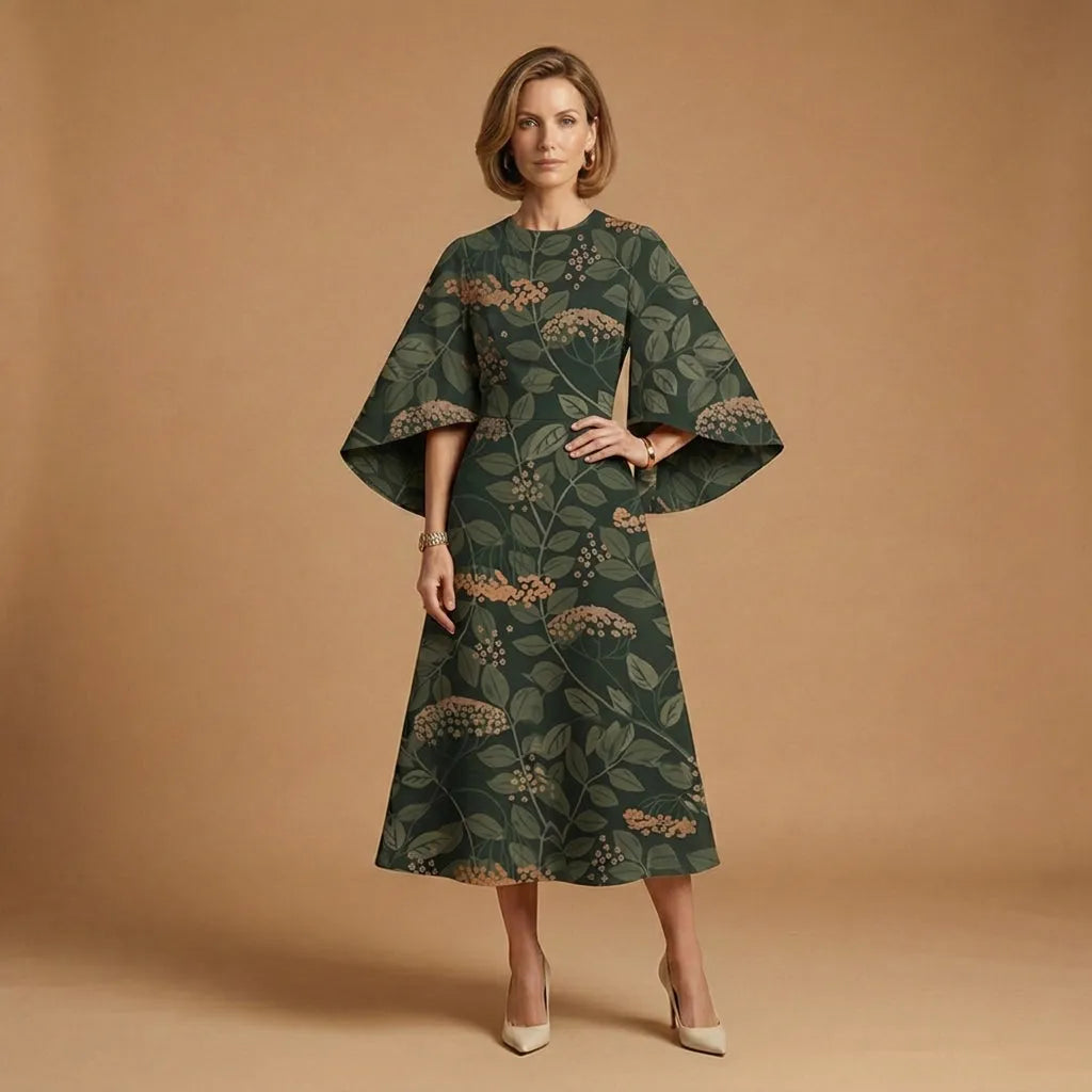 Women's Elegant Casual Midi Wedding Guest Dress with Round Neck