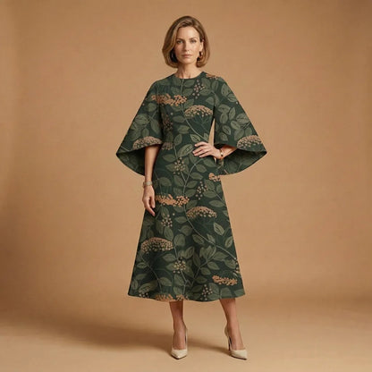 Women's Elegant Casual Midi Wedding Guest Dress with Round Neck