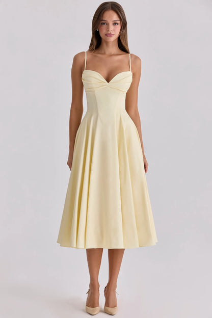 Women's Elegant Corset Midi Wedding Guest Dress with Sweetheart Neckline