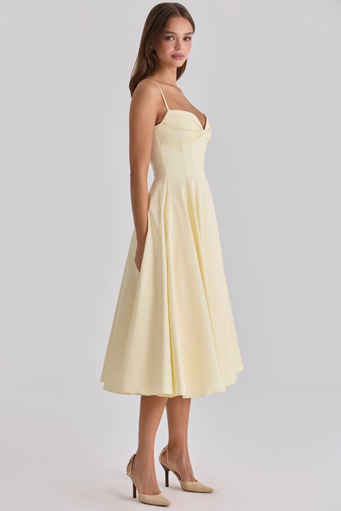 Women's Elegant Corset Midi Wedding Guest Dress with Sweetheart Neckline
