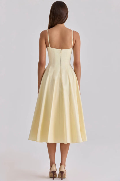 Women's Elegant Corset Midi Wedding Guest Dress with Sweetheart Neckline