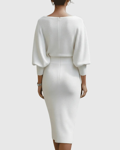 Women’s Elegant Draped Midi Wedding Guest Dress with Batwing Sleeves
