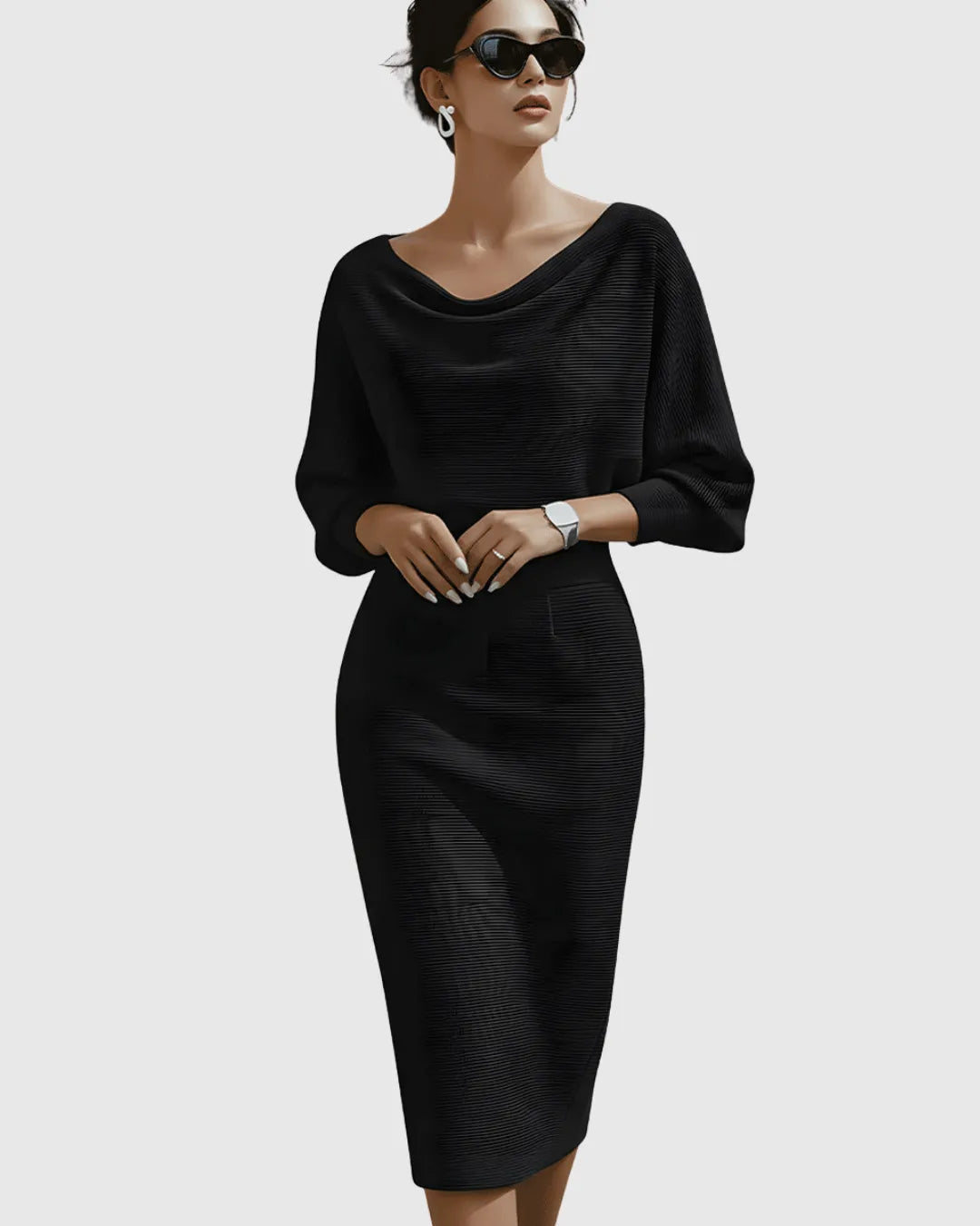Women’s Elegant Draped Midi Wedding Guest Dress with Batwing Sleeves