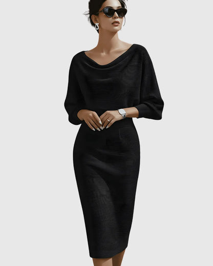 Women’s Elegant Draped Midi Wedding Guest Dress with Batwing Sleeves
