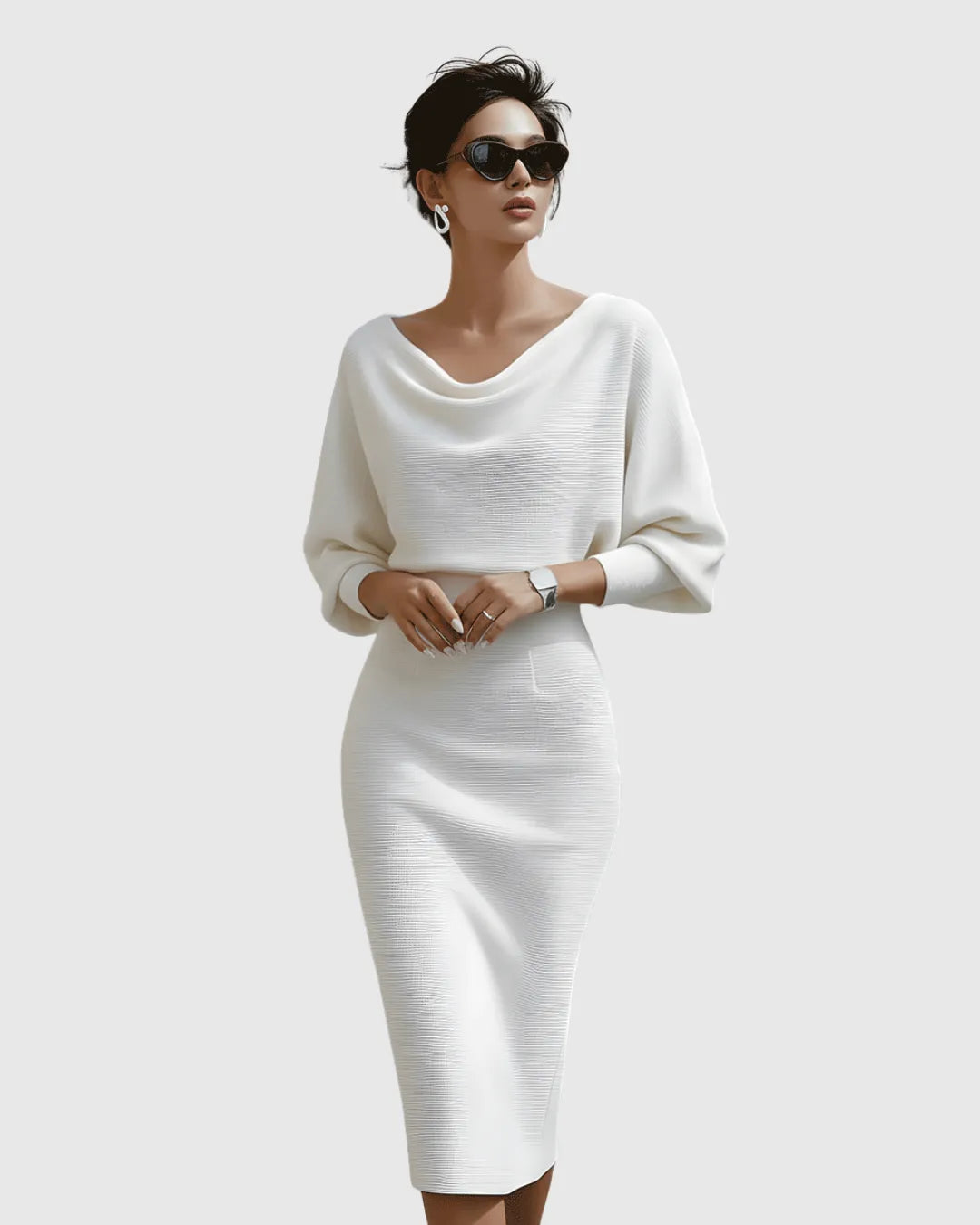 Women’s Elegant Draped Midi Wedding Guest Dress with Batwing Sleeves