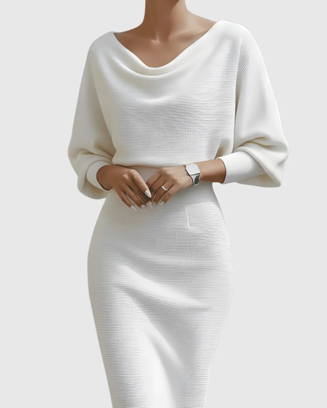 Women’s Elegant Draped Midi Wedding Guest Dress with Batwing Sleeves