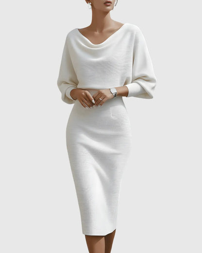 Women’s Elegant Draped Midi Wedding Guest Dress with Batwing Sleeves