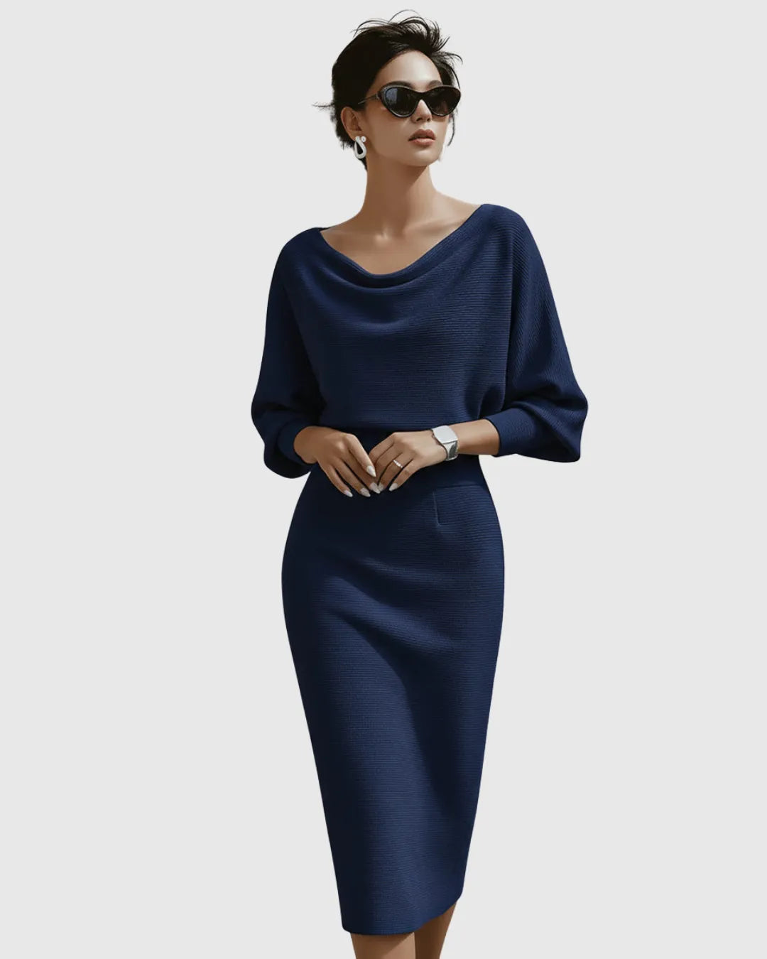 Women’s Elegant Draped Midi Wedding Guest Dress with Batwing Sleeves
