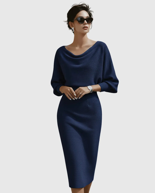 Women’s Elegant Draped Midi Wedding Guest Dress with Batwing Sleeves
