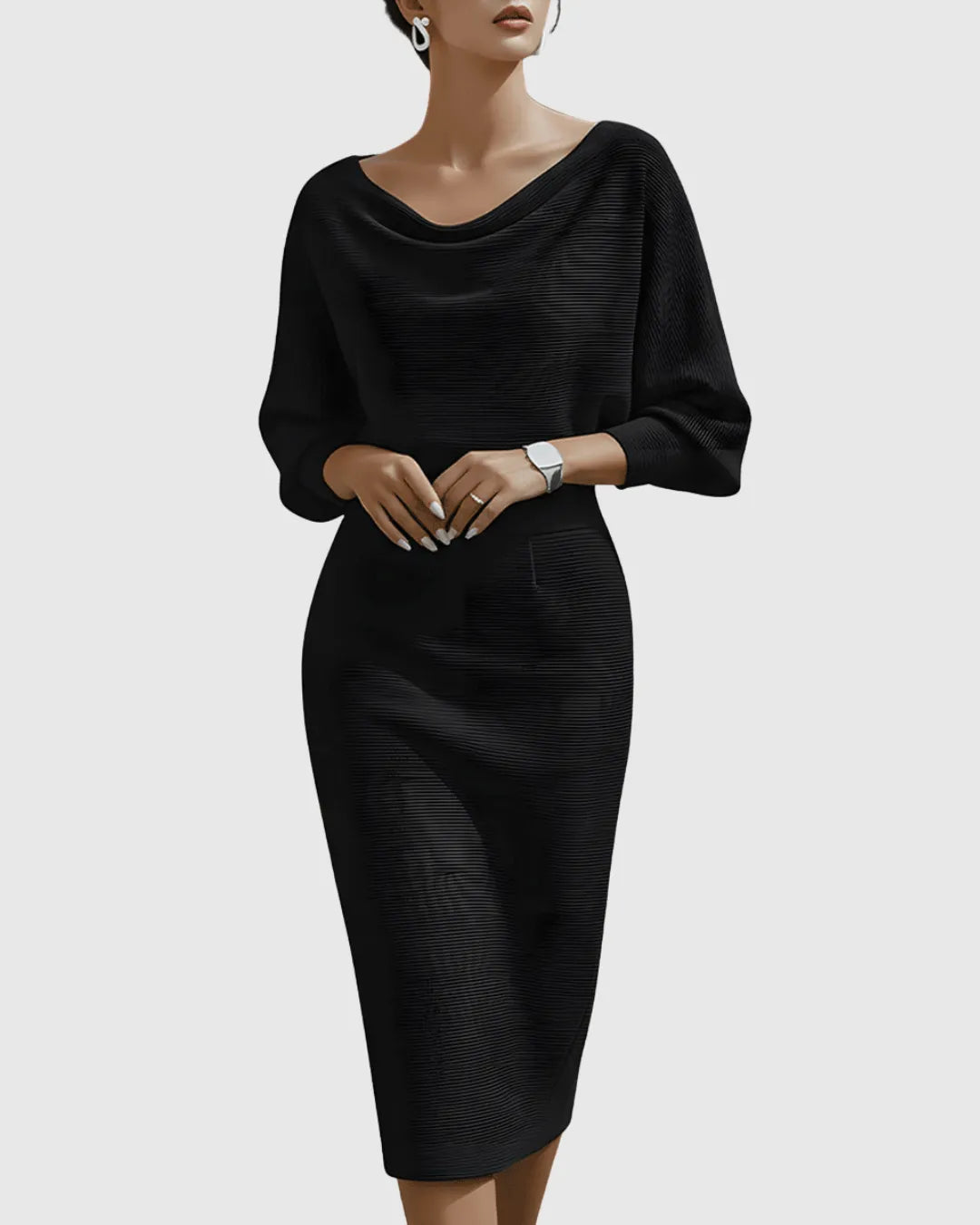 Women’s Elegant Draped Midi Wedding Guest Dress with Batwing Sleeves