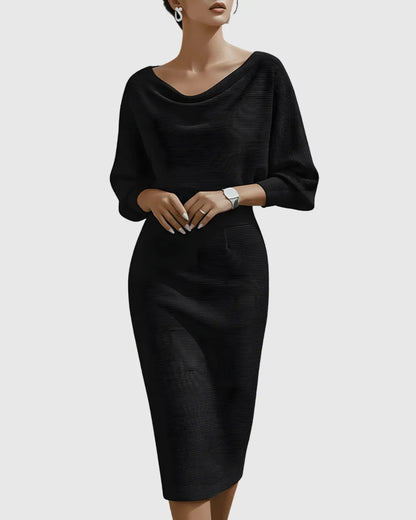 Women’s Elegant Draped Midi Wedding Guest Dress with Batwing Sleeves