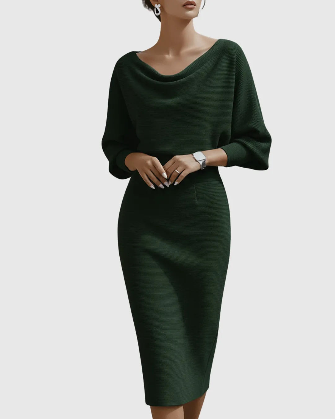 Women’s Elegant Draped Midi Wedding Guest Dress with Batwing Sleeves