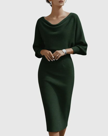 Women’s Elegant Draped Midi Wedding Guest Dress with Batwing Sleeves