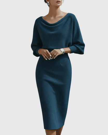 Women’s Elegant Draped Midi Wedding Guest Dress with Batwing Sleeves