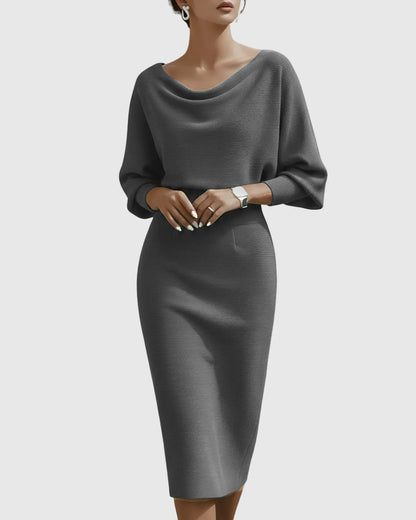 Women’s Elegant Draped Midi Wedding Guest Dress with Batwing Sleeves