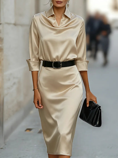Women's Elegant Draped Midi Wedding Guest Dress with Belt Detail