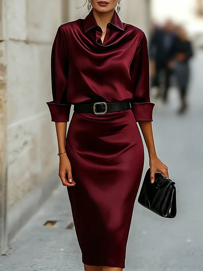 Women's Elegant Draped Midi Wedding Guest Dress with Belt Detail