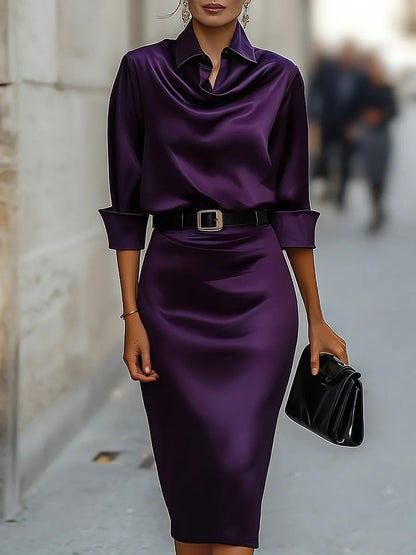 Women's Elegant Draped Midi Wedding Guest Dress with Belt Detail
