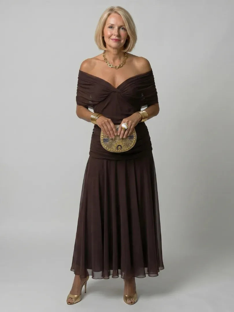 Women’s Elegant Evening Maxi Wedding Guest Dress with Pleated Details