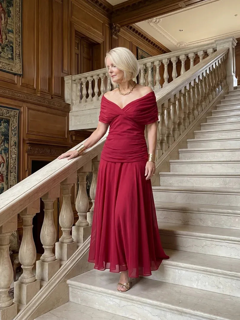 Women’s Elegant Evening Maxi Wedding Guest Dress with Pleated Details