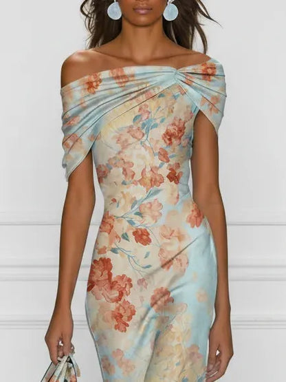 Women's Elegant Floral Maxi Wedding Guest Dress with Off Shoulder Neckline