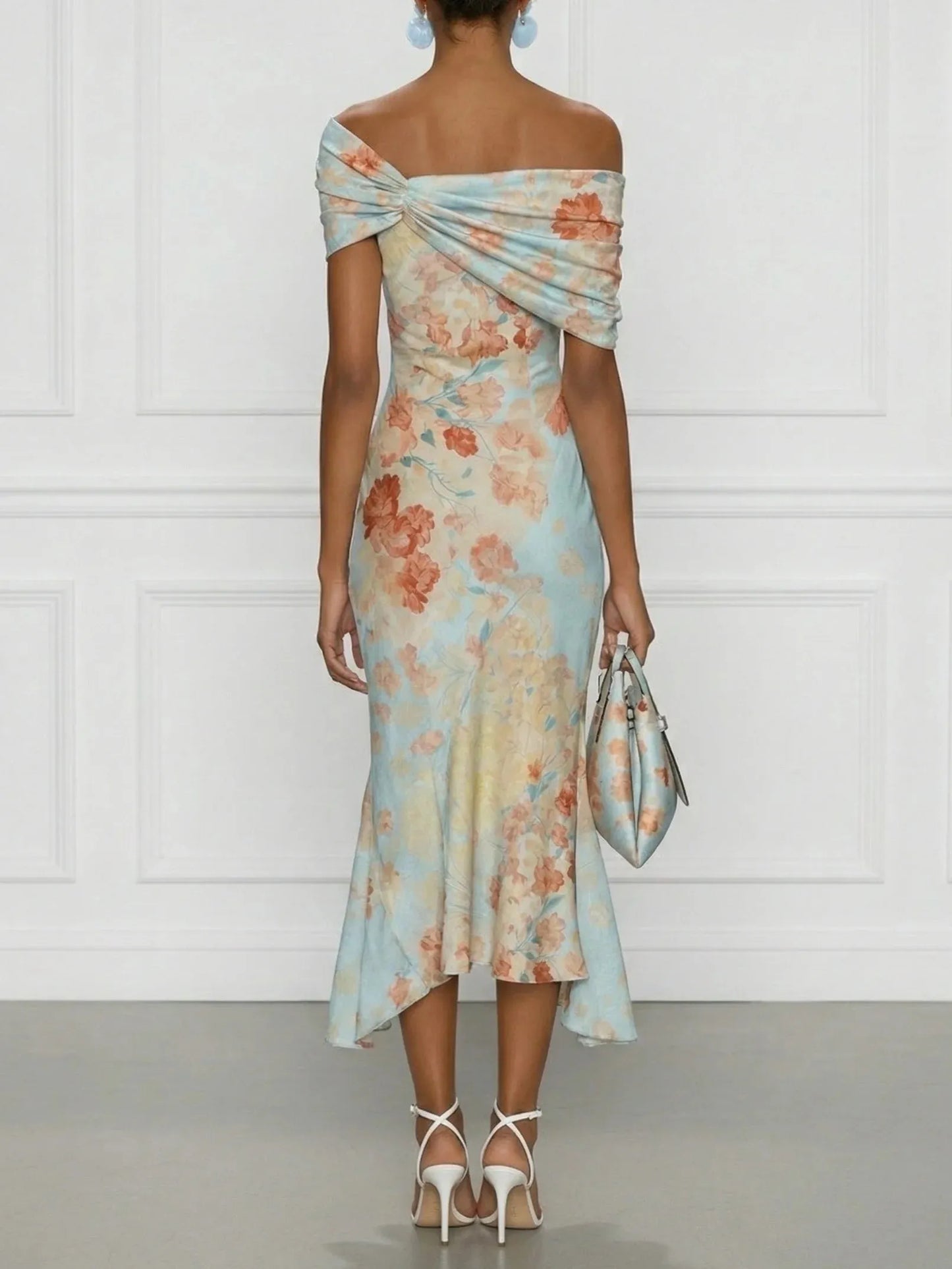Women's Elegant Floral Maxi Wedding Guest Dress with Off Shoulder Neckline