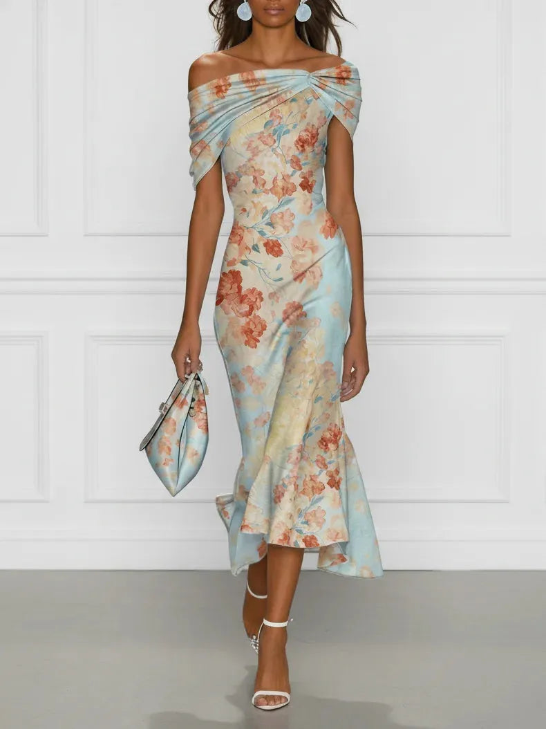 Women's Elegant Floral Maxi Wedding Guest Dress with Off Shoulder Neckline